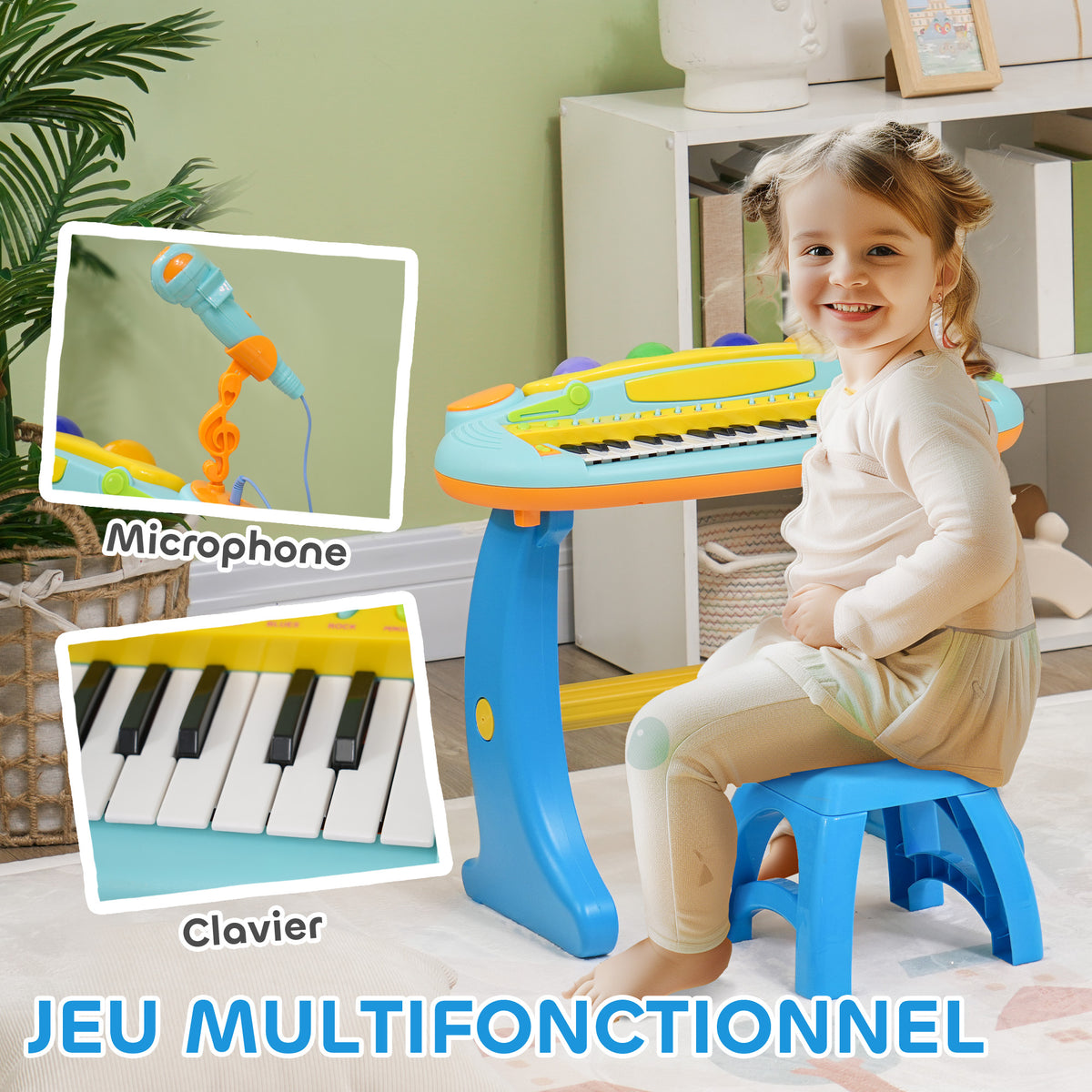 Piano enfant électronique 37 touches, avec micro, tabouret, lumière LED, fonction d'enregistrement et de relecture-3