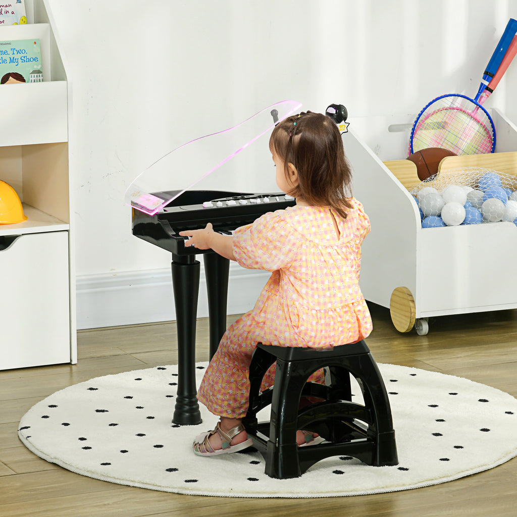 Piano enfant électronique 32 touches multifonctions avec micro haut parleur tabouret couvercle lumineux LED noir-1