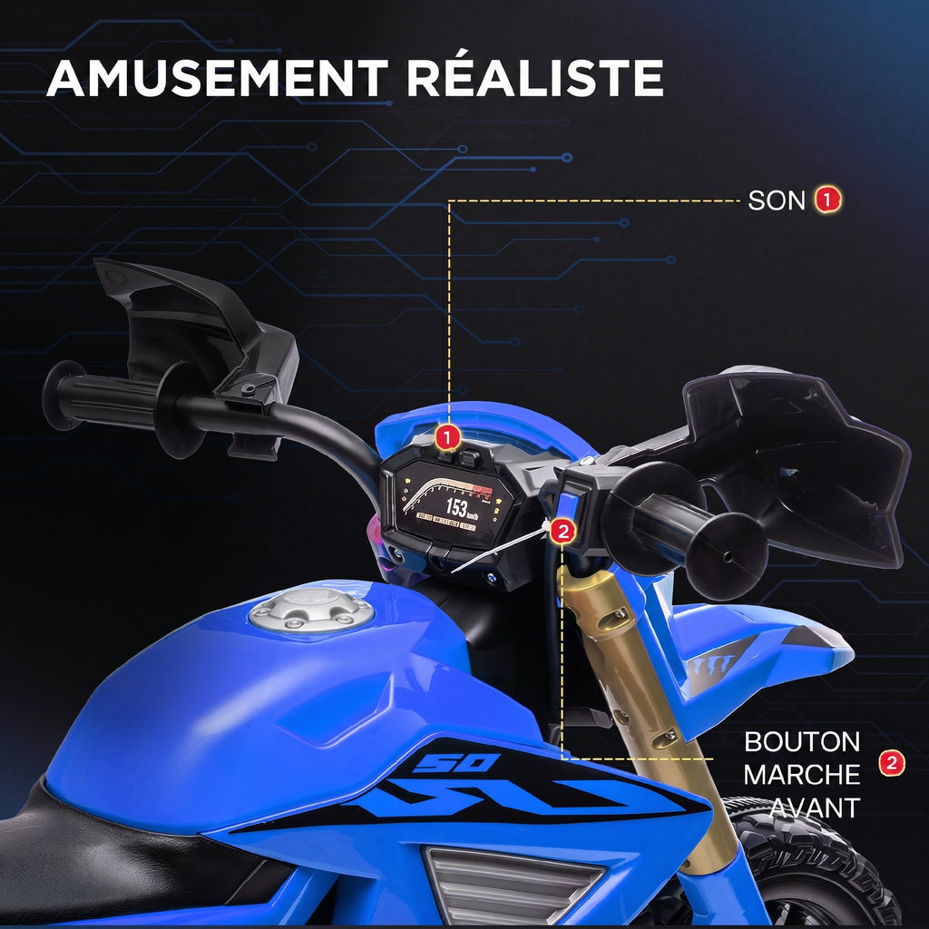 Moto cross électrique pour enfants 3-8 ans, batterie 6 V, 2 moteurs, klaxon et roues d'entraînement, charge 30KG, bleu-5