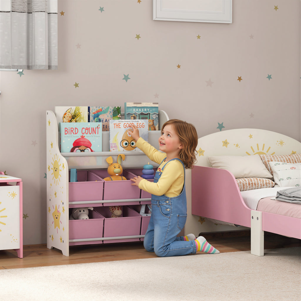 Meuble Rangement Enfant, Rangement Jouet Enfant, 6 Tiroirs en Tissu et Étagère à Deux Niveaux, 63x30x71cm, Rose-1