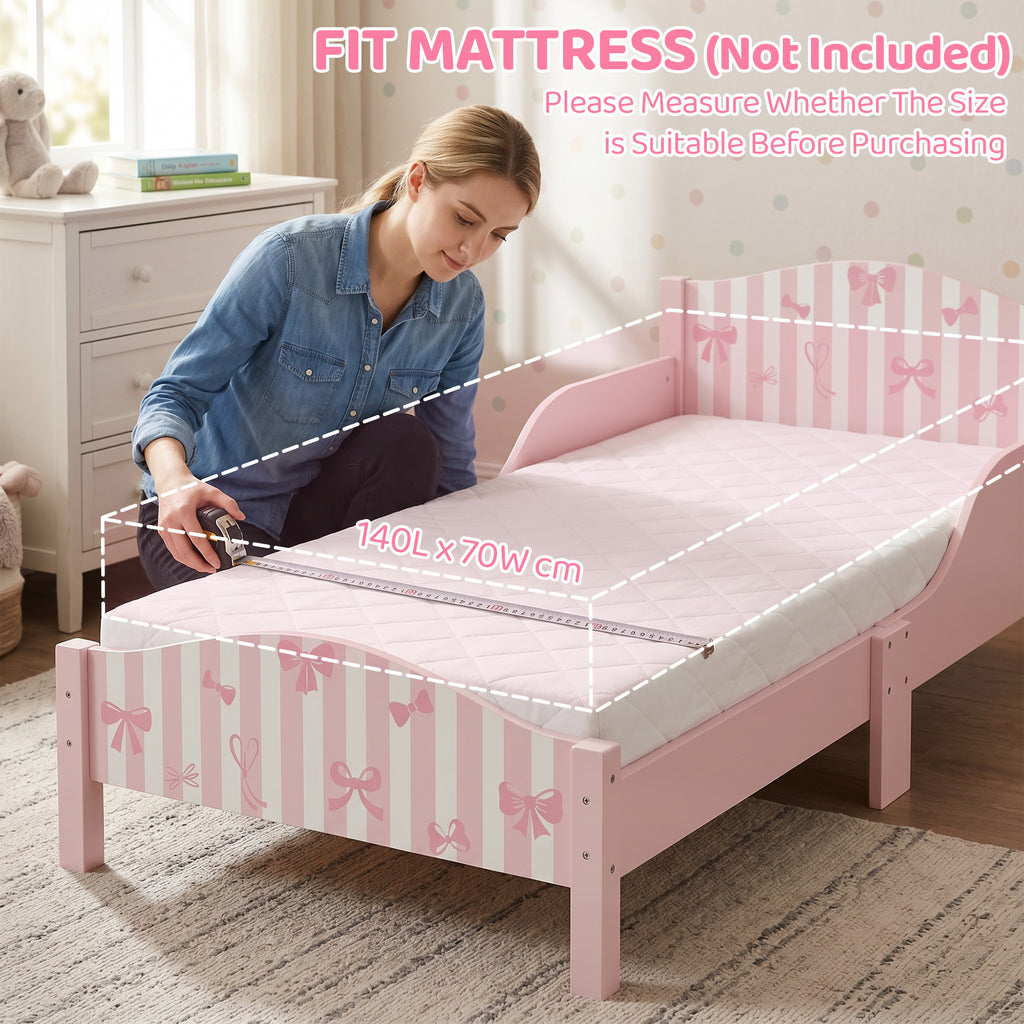 Lit Enfant 70 x 140 cm, Lit pour Enfant avec Barrière de Sécurité et Sommier à Lattes en Bois, Motif Nœud, Rose-7