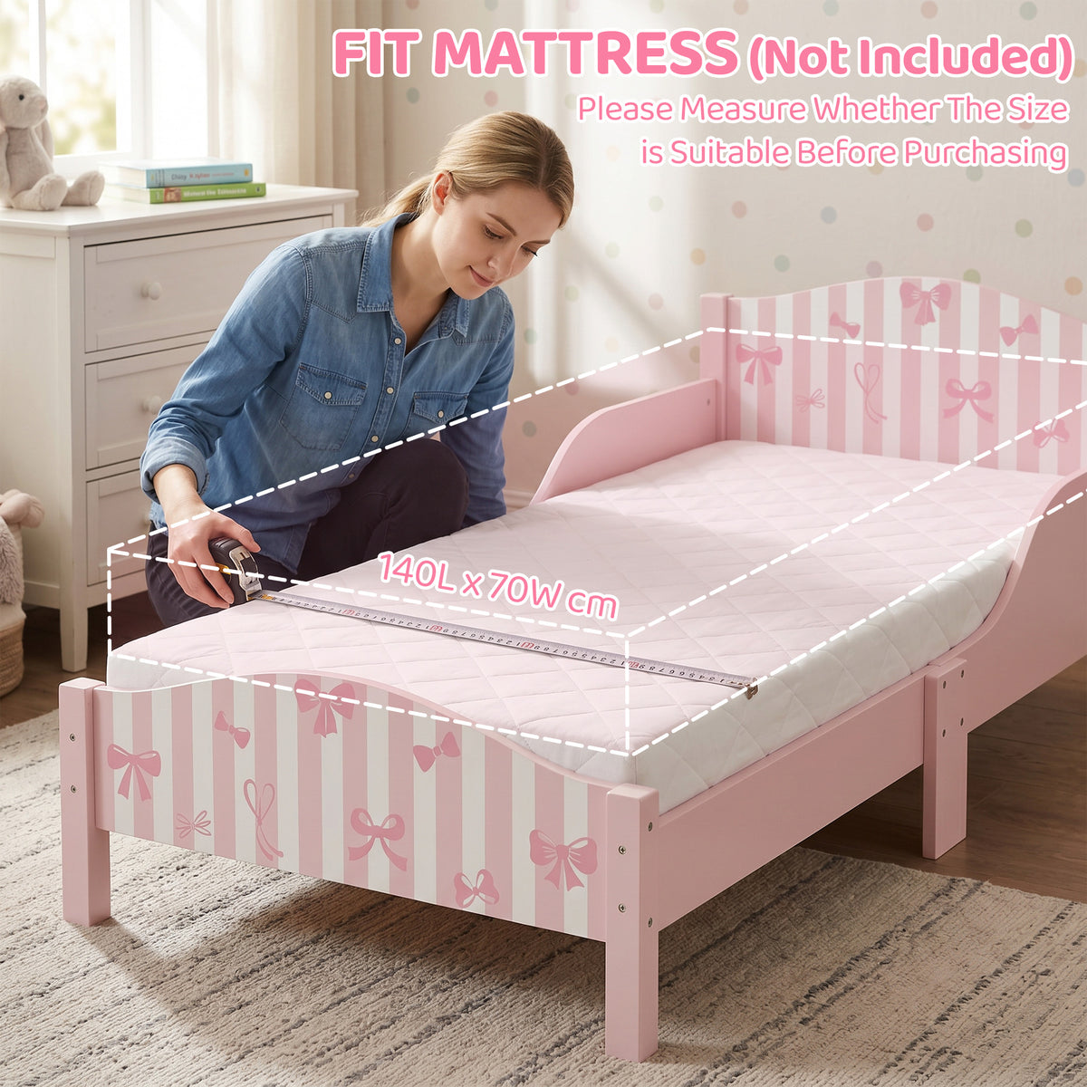 Lit Enfant 70 x 140 cm, Lit pour Enfant avec Barrière de Sécurité et Sommier à Lattes en Bois, Motif Nœud, Rose-7