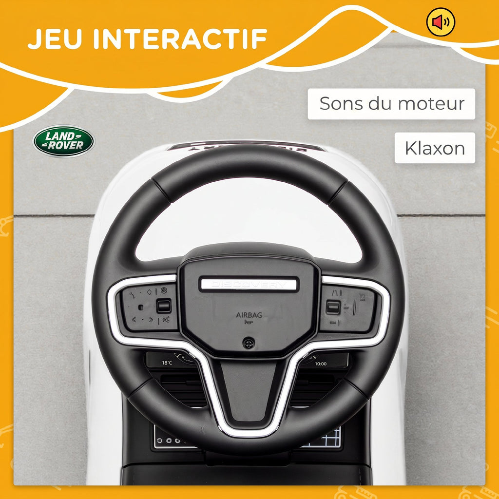 Porteur enfants voiture sous licence Land Rover, véhicule à pousser, klaxon, sons de moteur, rangement sous siège, blanc-4