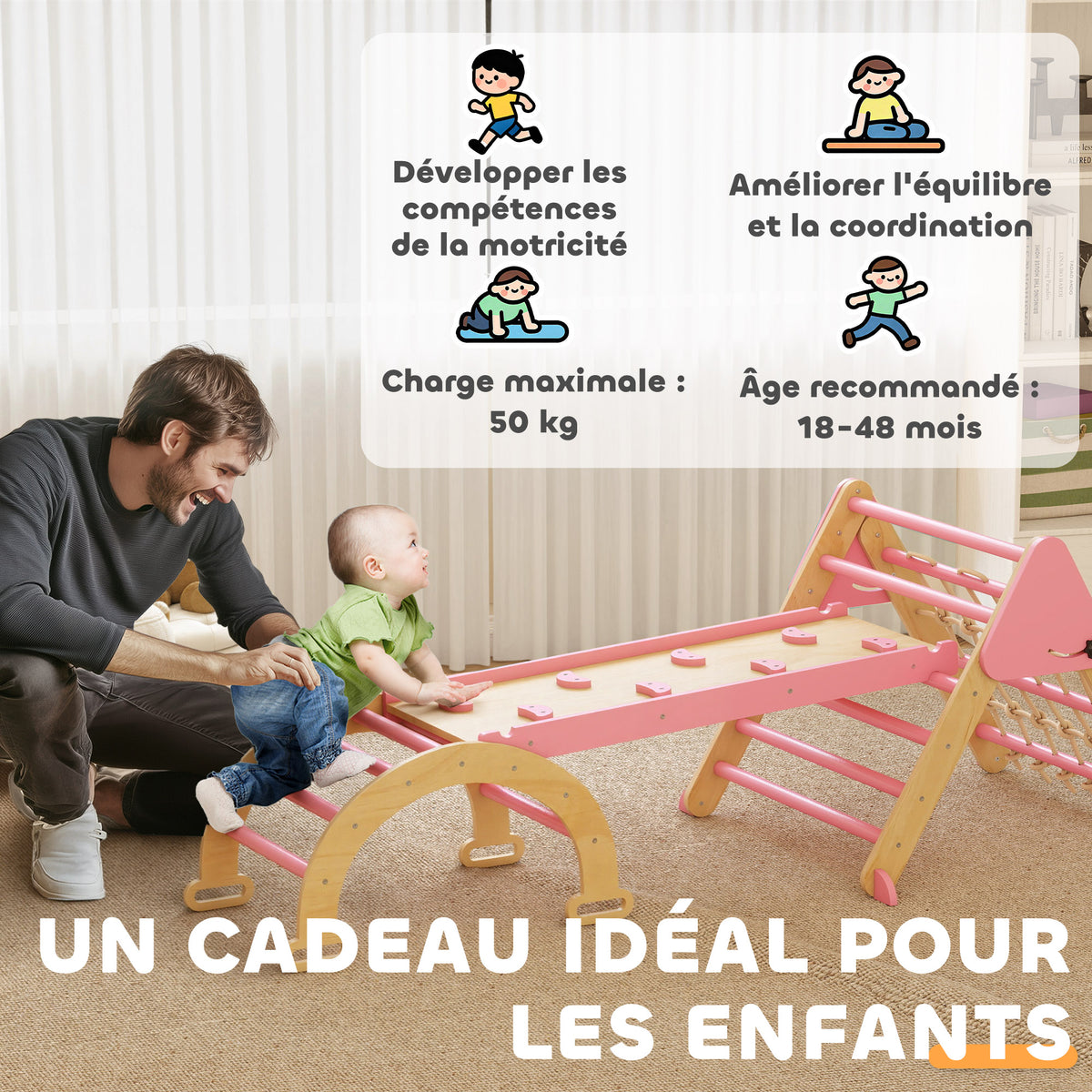 Triangle d'escalade enfants 8 en 1 avec rampe double face, arc d'escalade en bois avec toboggan & échelle, rose-7