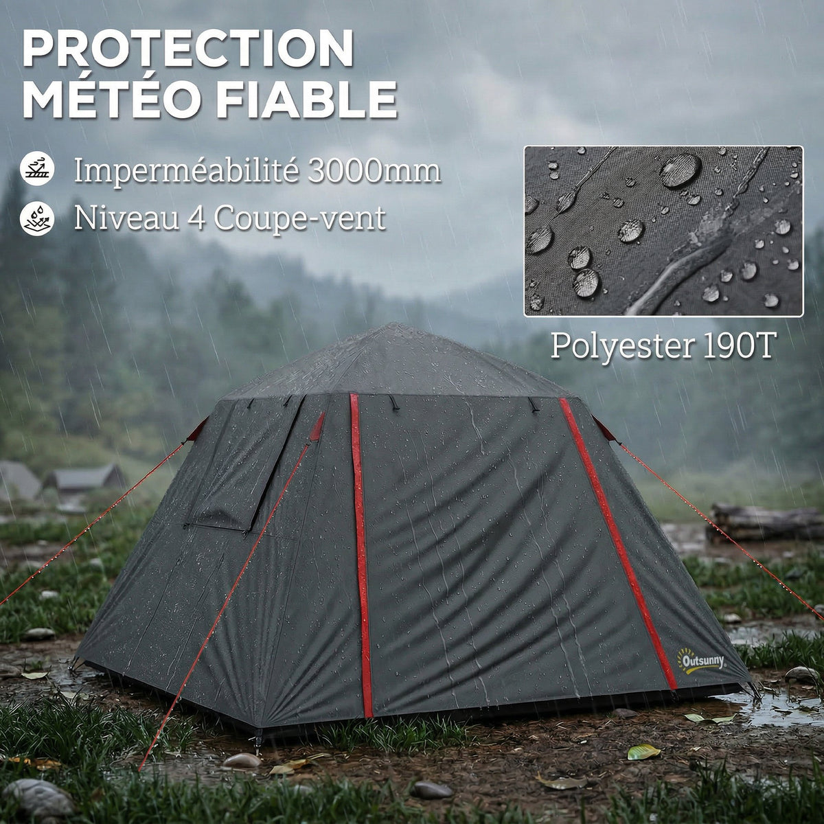Tente de Camping Dôme 2 Personnes 3-4 Saisons Imperméable 3000mm Montage Facile 2 Portes 210x210x150cm Gris Foncé-4