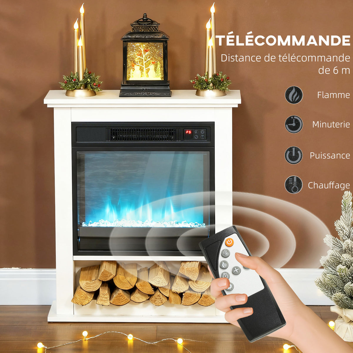 Cheminée électrique 1800W, fausse cheminée décorative, effet flamme à 9 couleurs et 5 luminosité, 62,5x20x72,5cm, blanc-5