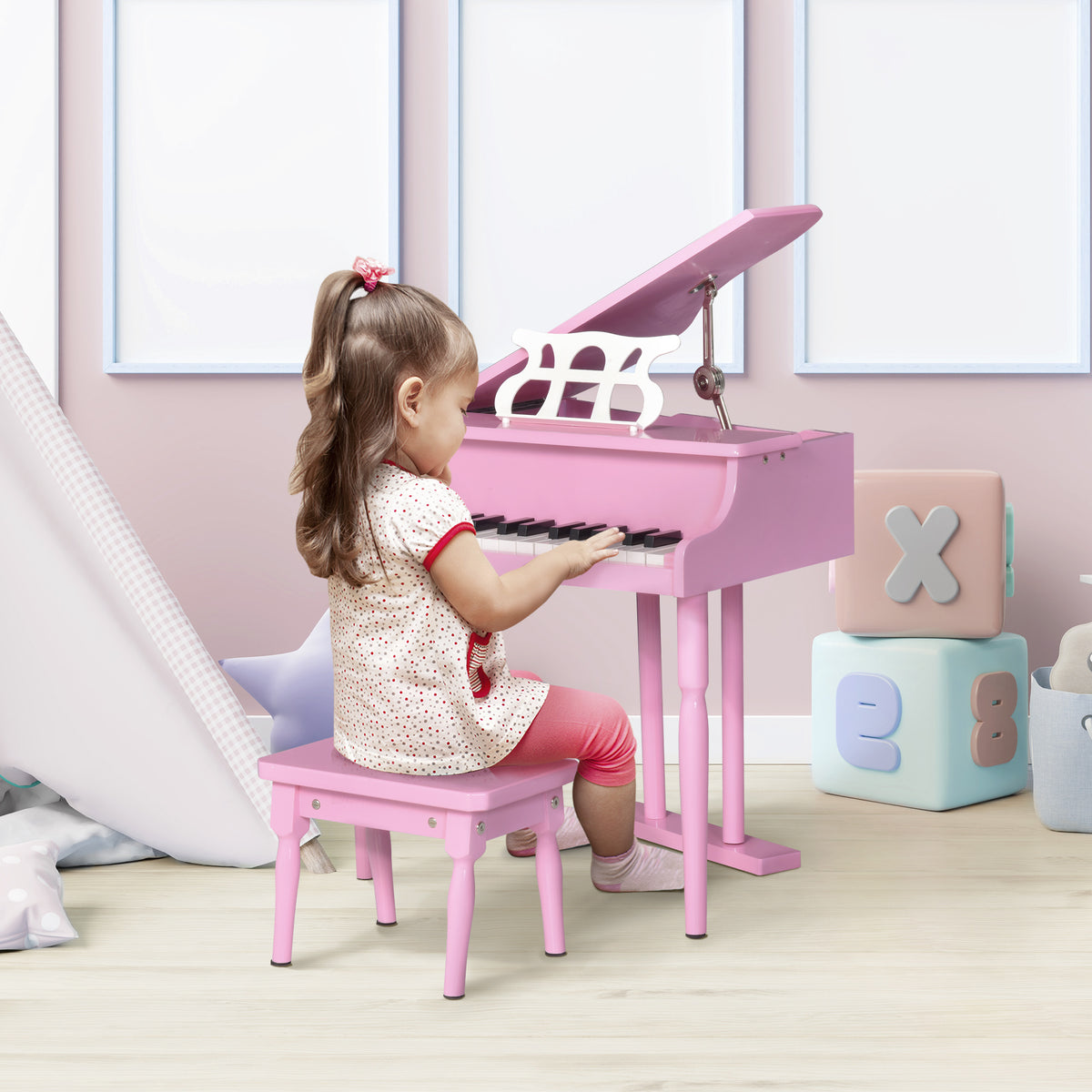 Piano à queue enfant en bois Piano enfant clavier de piano 30 touches - tabouret et pupitre inlus - Instrument de Musique - MDF rose-9