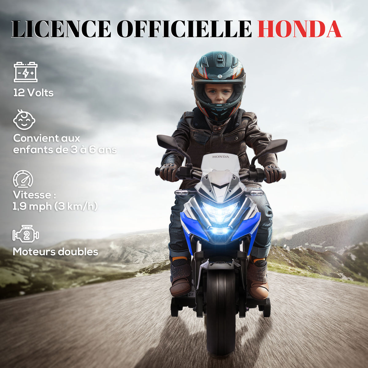Moto électrique pour enfants moto porteur Honda pour enfants 3 à 6 ans avec musique, phares bleu-3