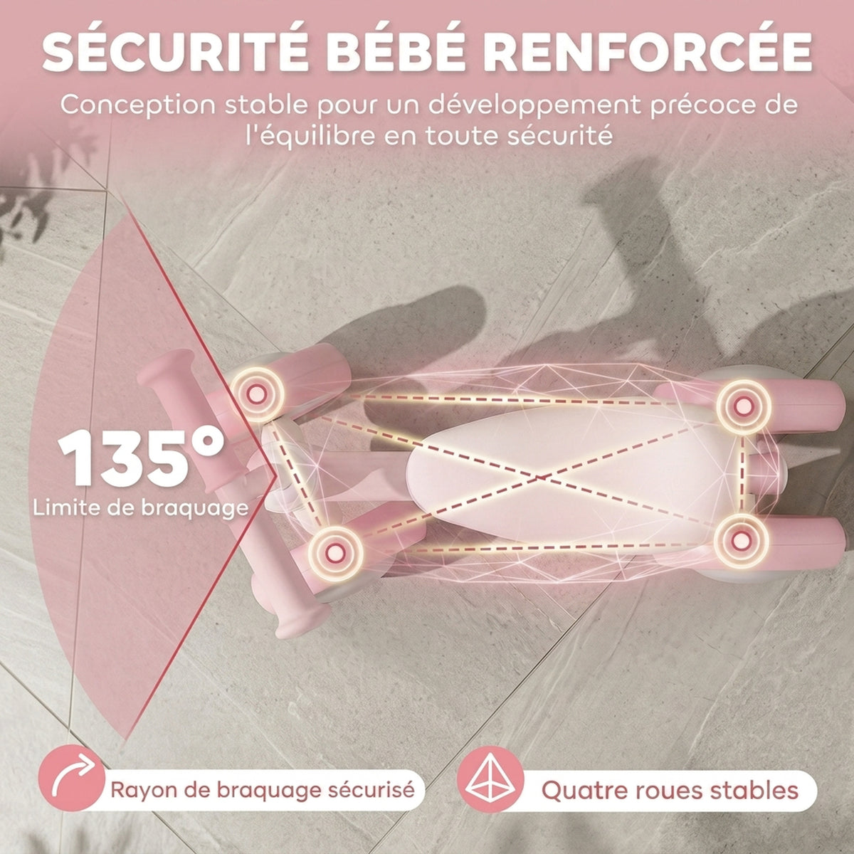 Draisienne Bébé 1-2 Ans, 4 Roues Lumineuses, Siège Réglable, Direction Limitée, Pneus EVA Silencieux, 52x22x37cm, Rose-4