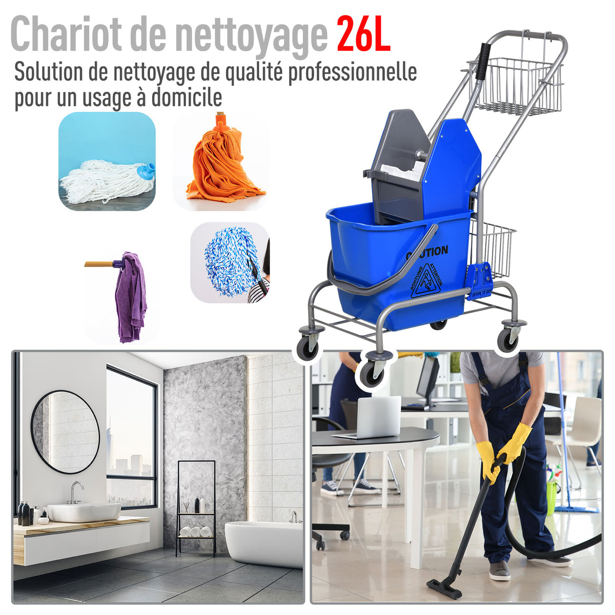 Chariot de ménage chariot de lavage chariot de nettoyage professionnel presse à mâchoire seau 26 L + panier de rangements dim. 73L x 45l x 95H cm bleu-4
