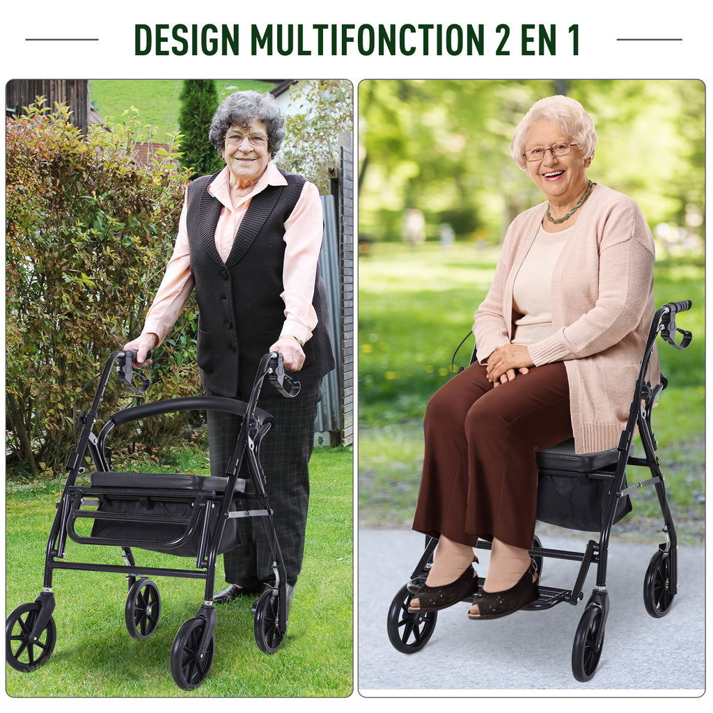 Déambulateur 4 roues - déambulateur pliable léger - assise + dossier rembourré - poignées ergonomiques, freins à main - panier rangement - cale-pied - métal noir-5