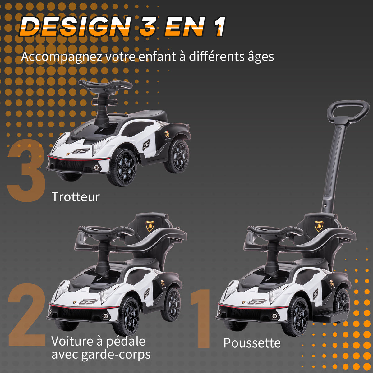 Voiture à pousser pour enfants porteur enfants 1 à 3 ans multi-équipée avec poignée de poussée, klaxon et volant, Blanc-3