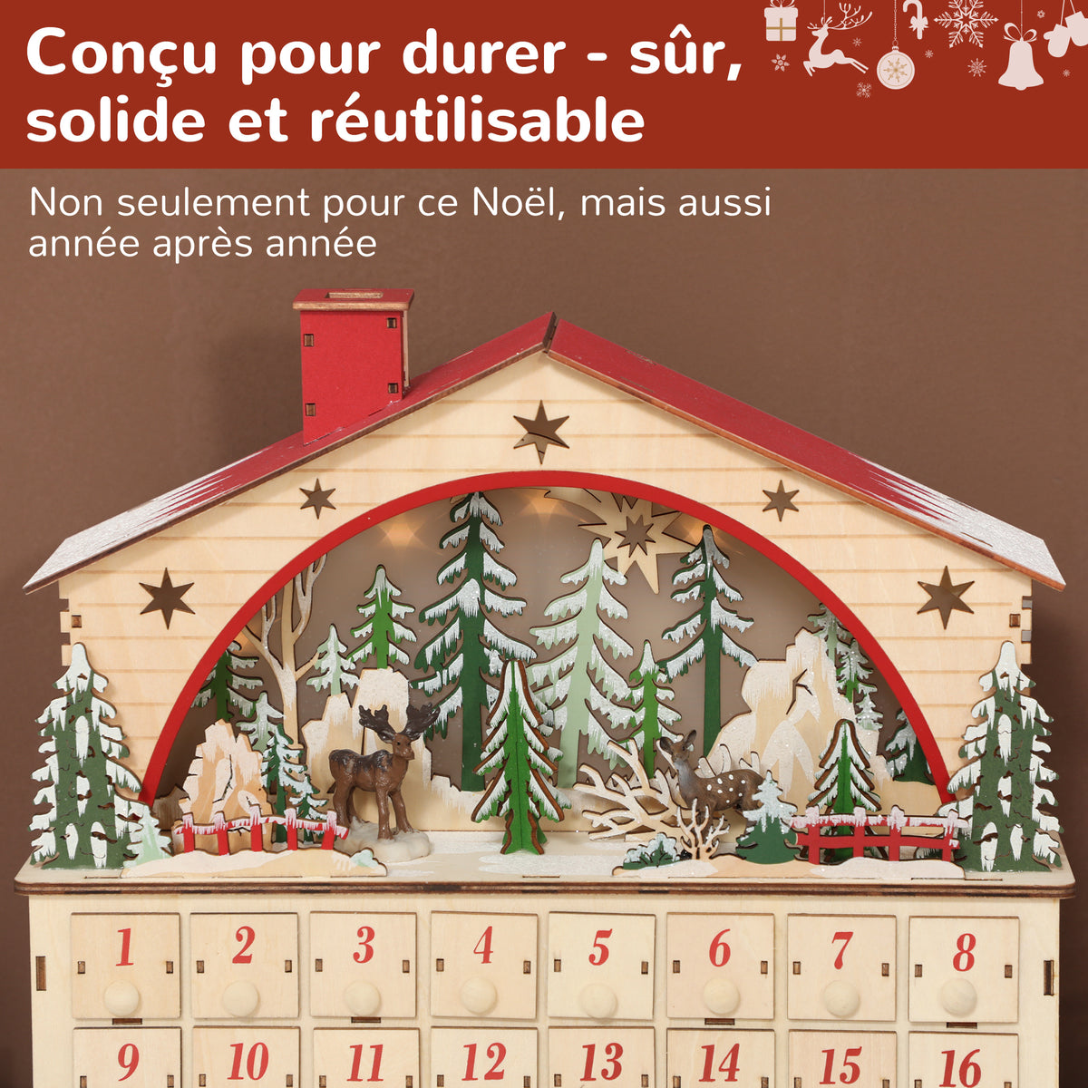Calendrier de l'Avent lumineux, calendrier de l'Avent à remplir, 24 tiroirs, scène de village, 36x10x34cm, bois naturel-6
