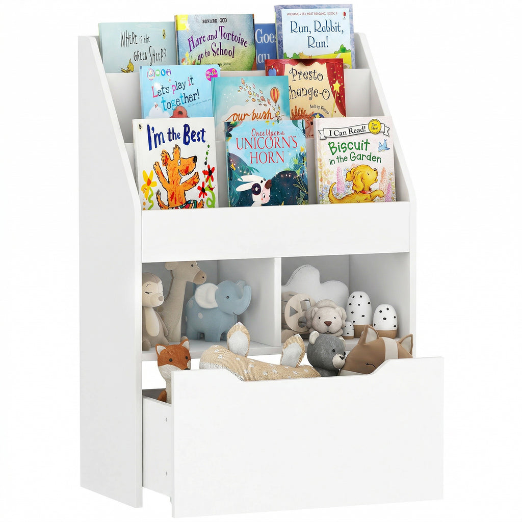 Bibliothèque étagère Multi-Rangement 3 étagères 2 niches Grand tiroir en bois Blanc-0