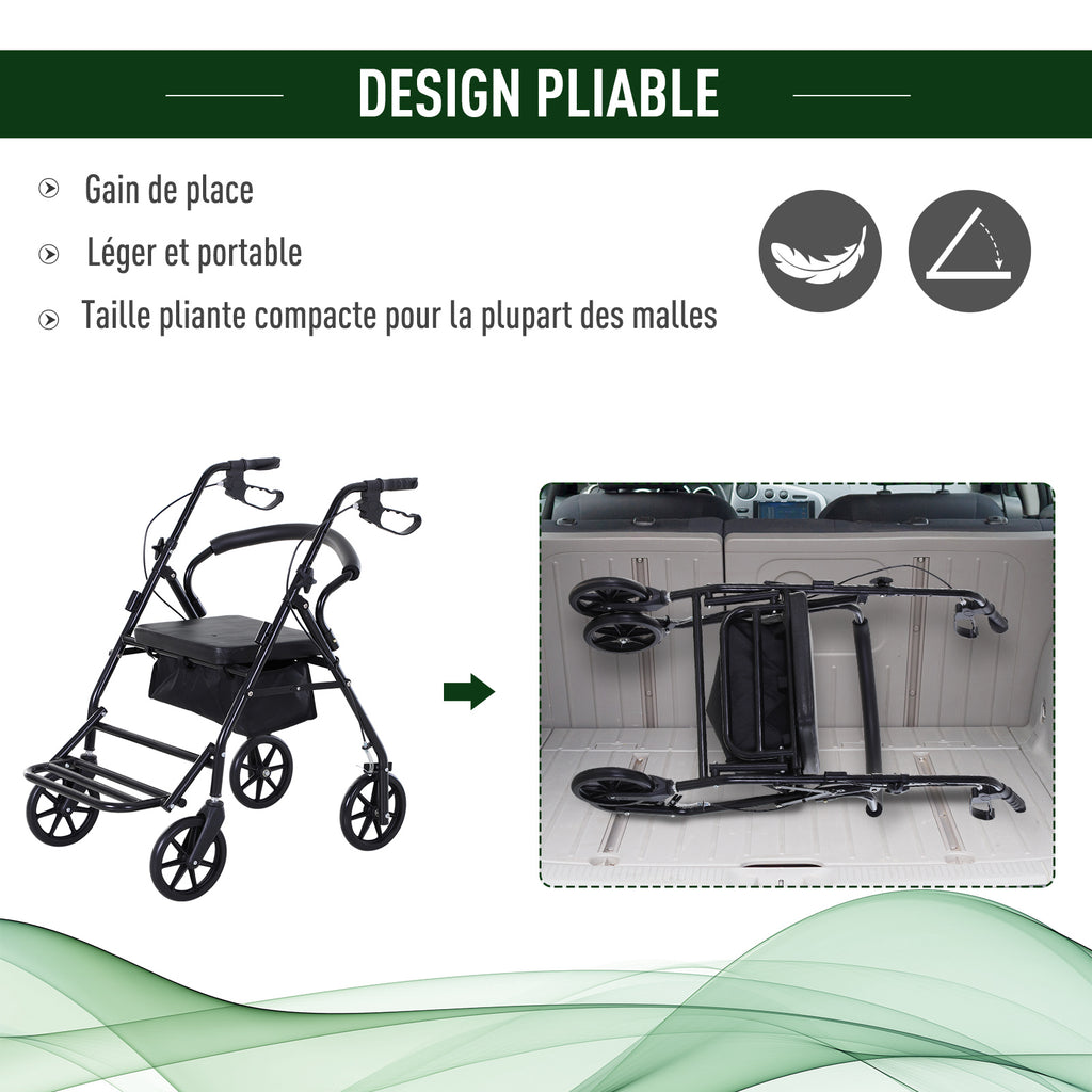 Déambulateur 4 roues - déambulateur pliable léger - assise + dossier rembourré - poignées ergonomiques, freins à main - panier rangement - cale-pied - métal noir-6