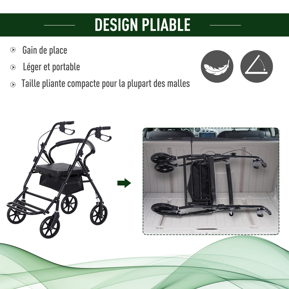 Déambulateur 4 roues - déambulateur pliable léger - assise + dossier rembourré - poignées ergonomiques, freins à main - panier rangement - cale-pied - métal noir-6