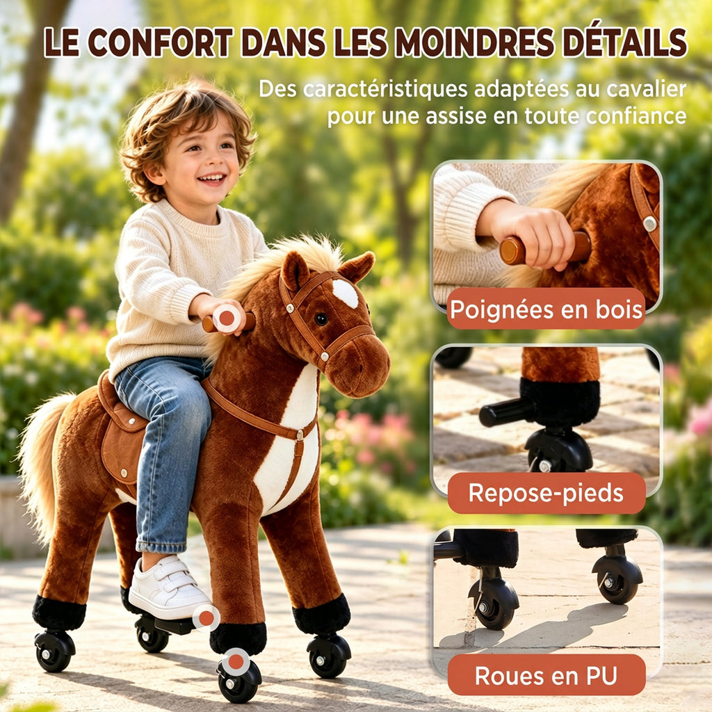 Cheval à Monter pour Enfant, Cheval à Roulettes en Peluche, Sons Réalistes, Poignée, 75 cm de Haut, Marron-6