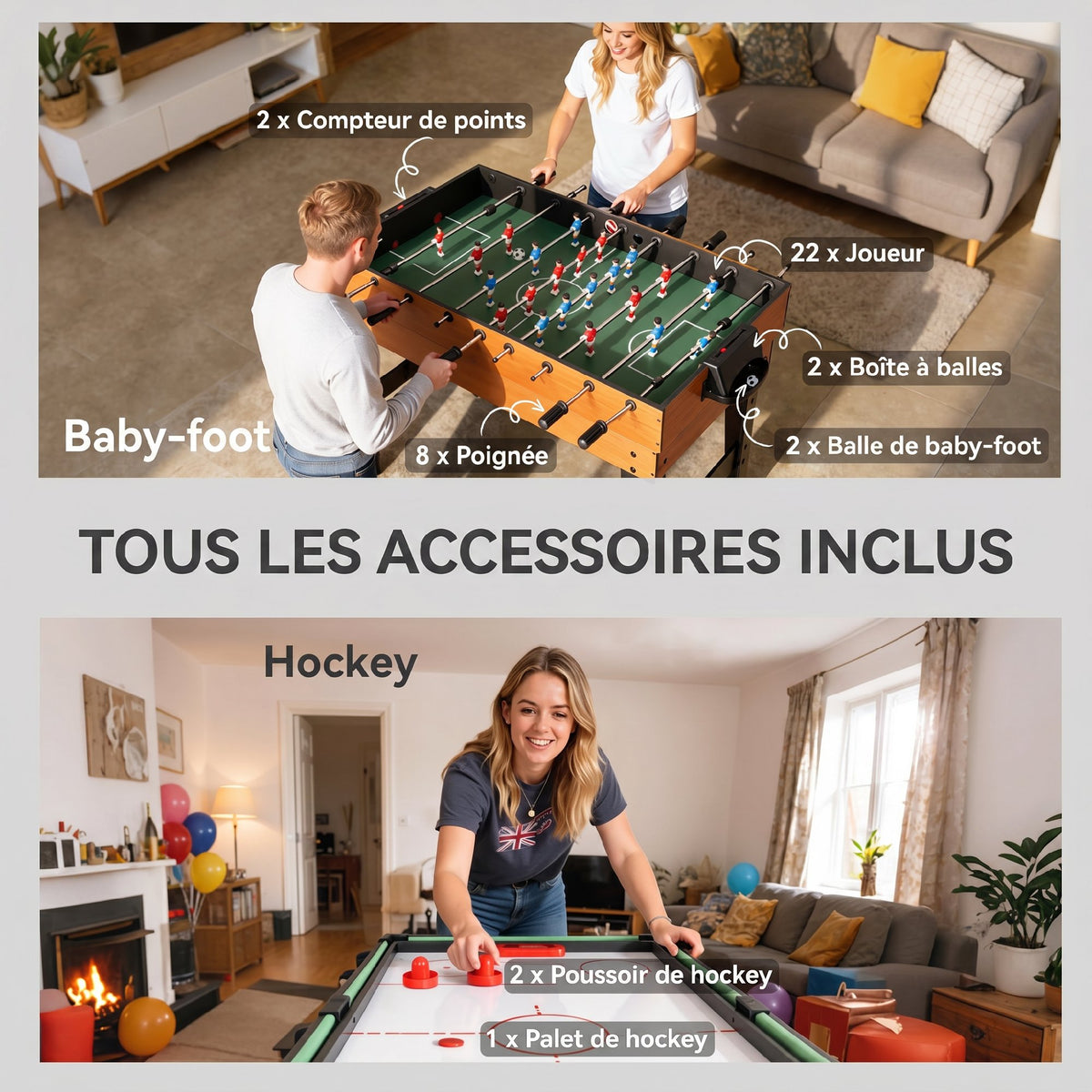 Table MultiJeux 5 en 1 Babyfoot Billard Air Hockey Ping-Pong et Basket Accessoires 134x108x144cm Marron Noyer-6