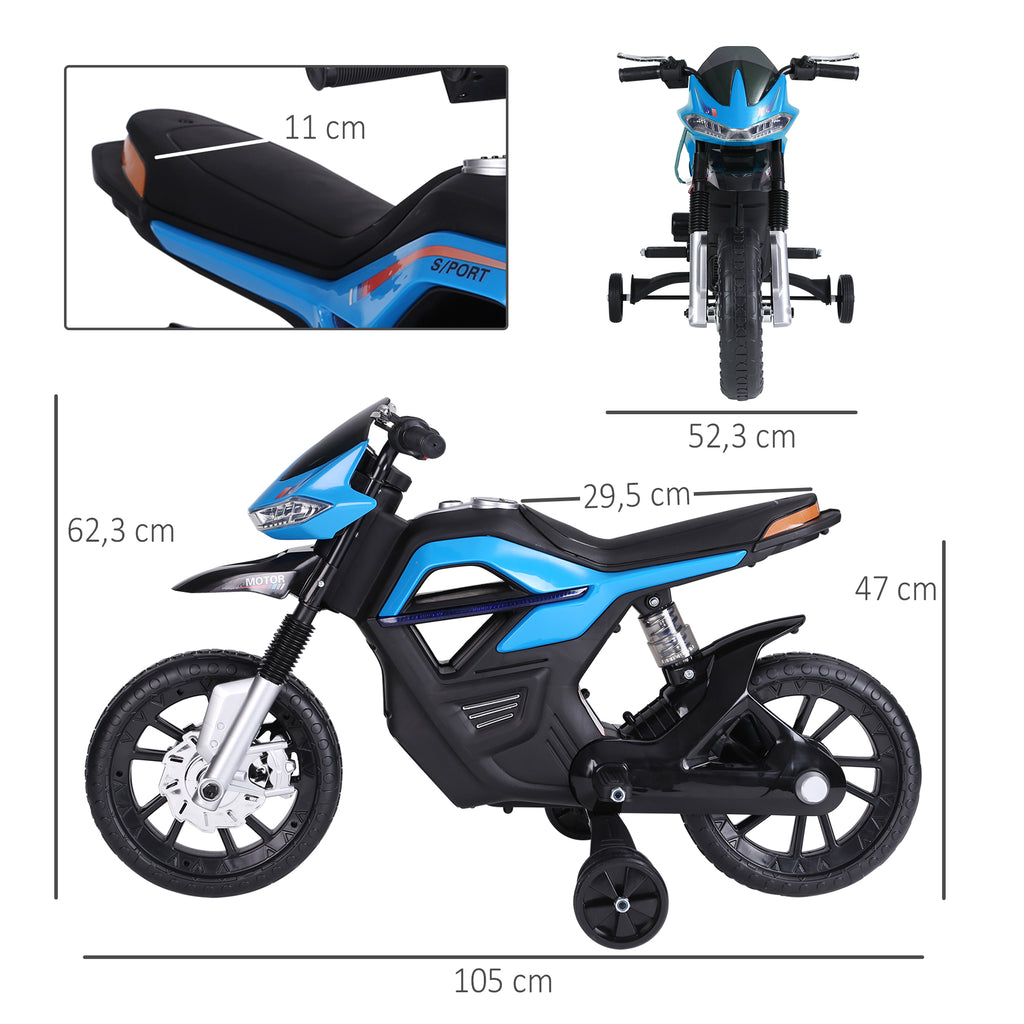 Moto électrique pour Enfants de 3-6 ans 25 W 6 V 3 Km/h Effets Lumineux et sonores roulettes Amovibles Charge max. 30 kg Bleu-2