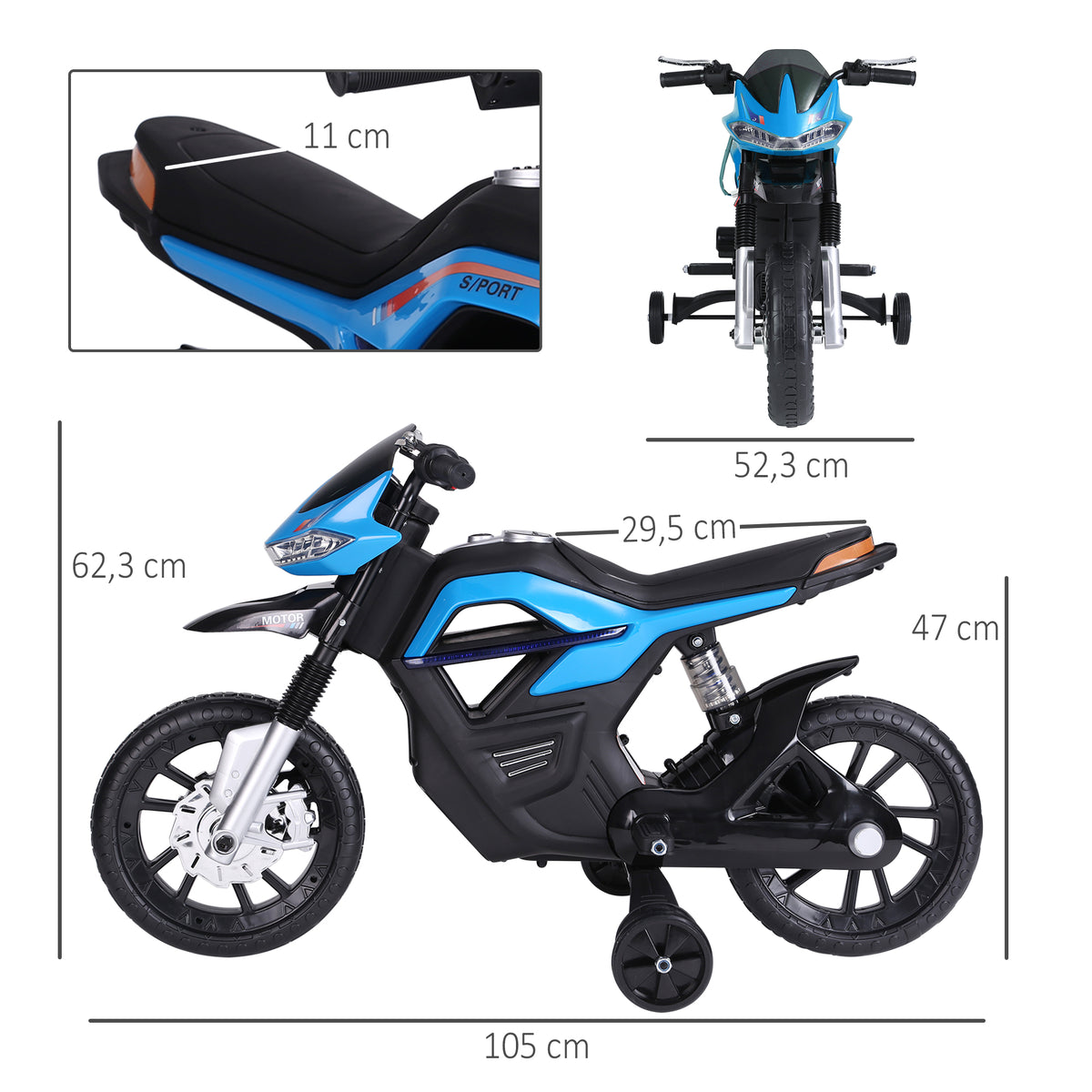 Moto électrique pour Enfants de 3-6 ans 25 W 6 V 3 Km/h Effets Lumineux et sonores roulettes Amovibles Charge max. 30 kg Bleu-2