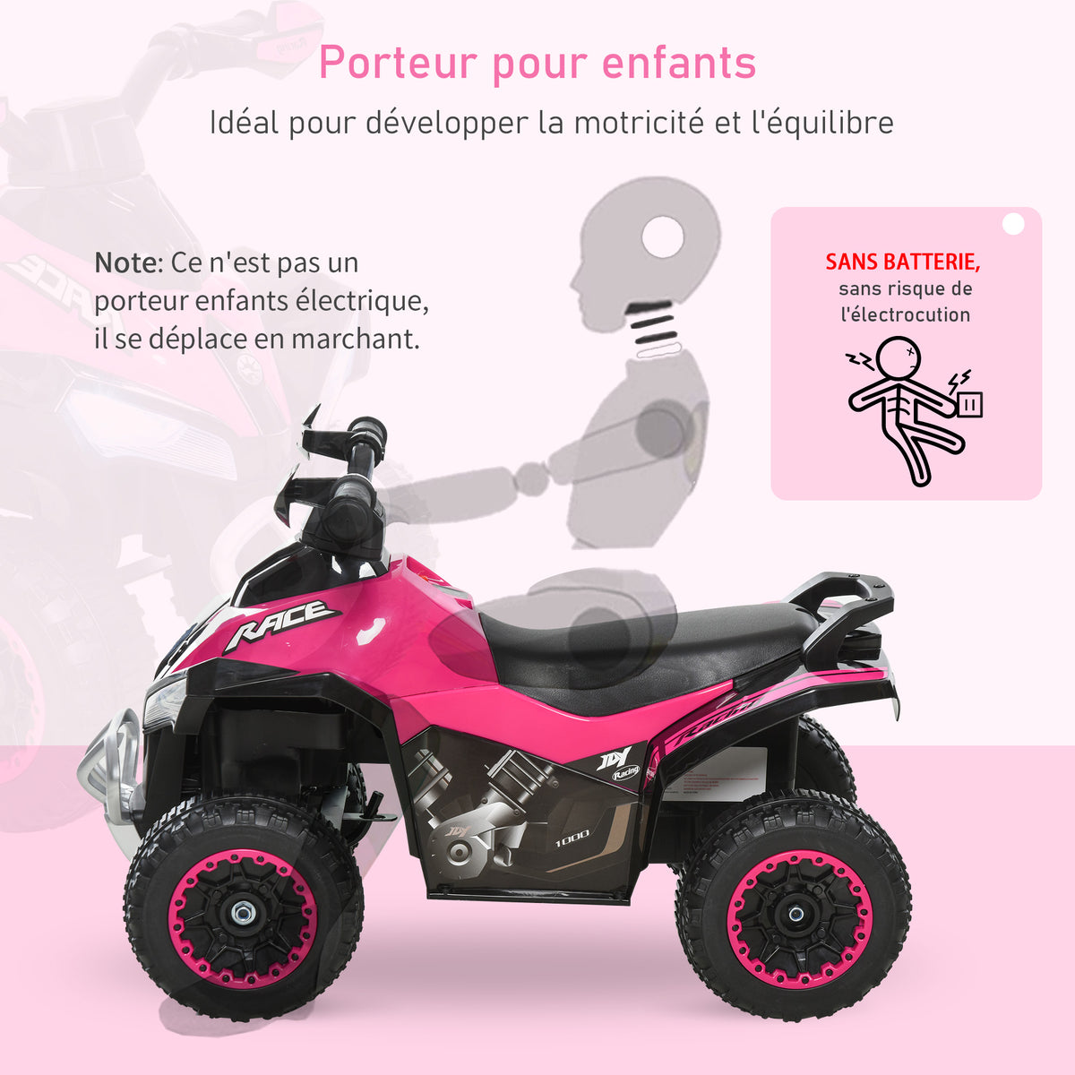 Porteur Enfants SANS Moteur Quad 18-36 Mois dim. 67L x 38l x 44H cm Effets Lumineux et sonores Rose Noir PAS ÉLECTRIQUE-4