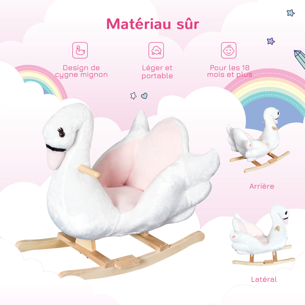 Jouet à bascule cygne à bascule pour enfant de 18 mois et plus fonction musique pieds en bois - blanc et rose-6