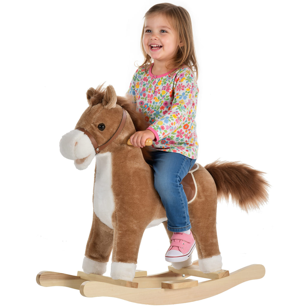 Cheval à Bascule Selle Grand Confort Peluche Courte Douce Bois peuplier Brun dim. 65L x 32,5l x 61H cm-0