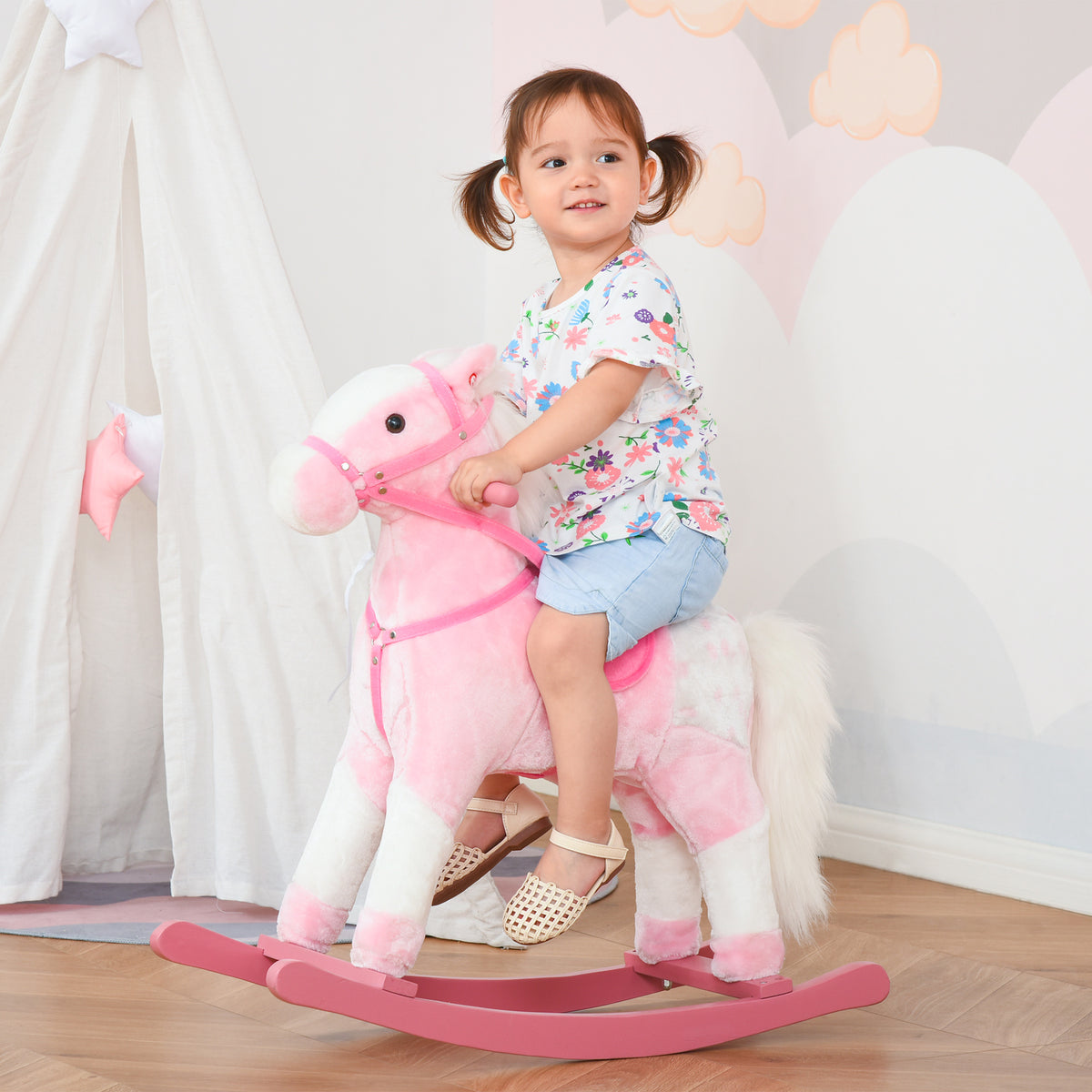Cheval à Bascule en Bois et Peluche pour Enfant Cheval de Cowboy peluche Pour Enfants de 3-6 Ans Jouet balançoire avec Effet sonore Selle rênes Rose Blanc-1