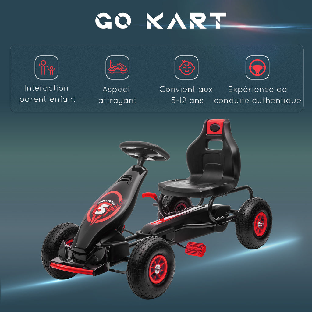 Kart à pédales pour enfant siège réglable 3 positions frein à main enfant de 5 à 12 ans rouge noir-7