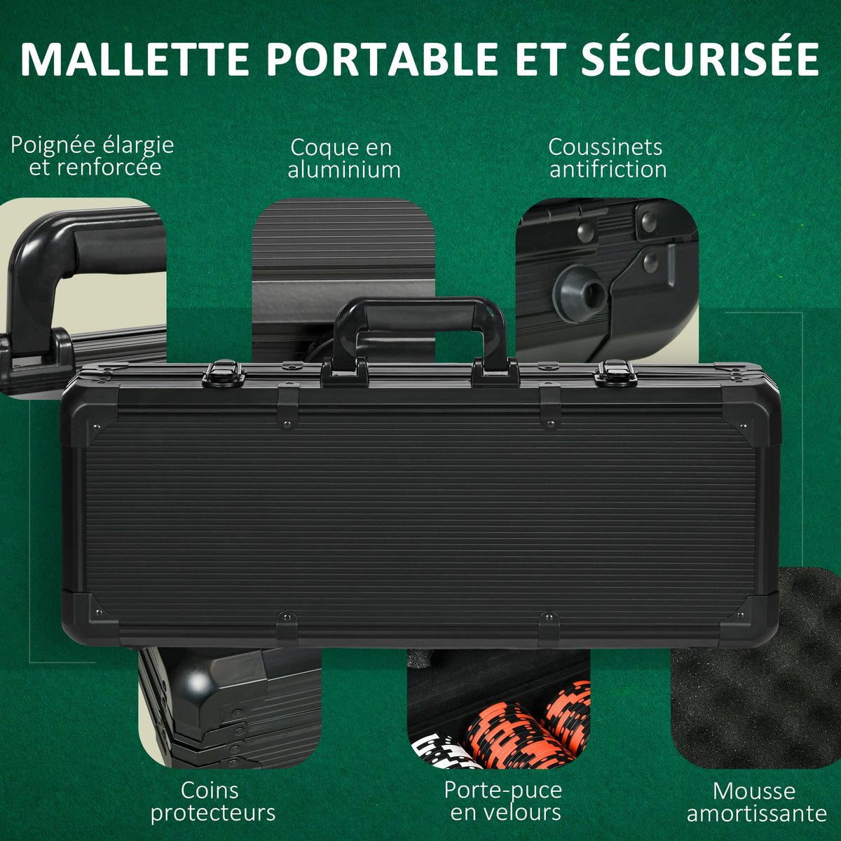 Mallette de Poker Coffret de Poker Complet, avec 500 jetons 5 dés 2 Jeux de Cartes 3 boutons-5