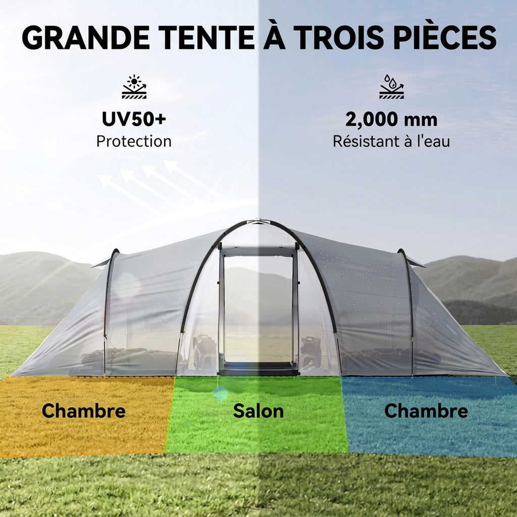 Tente de camping familiale 4 personnes dôme 2 chambres 1 séjour et 1 auvent anti-UV Imperméable 2000 mm multicolore-3