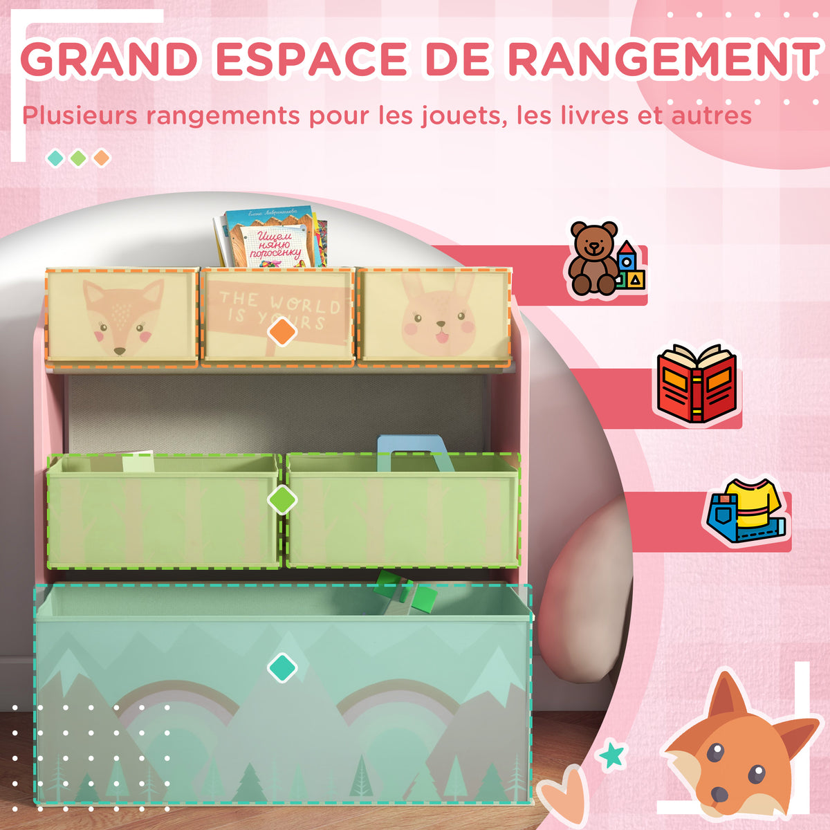Meuble de rangement enfant avec 6 boîtes amovibles en tissu non tissé Organisateur de jouets, étagère 63L x 30l x 66H cm-3