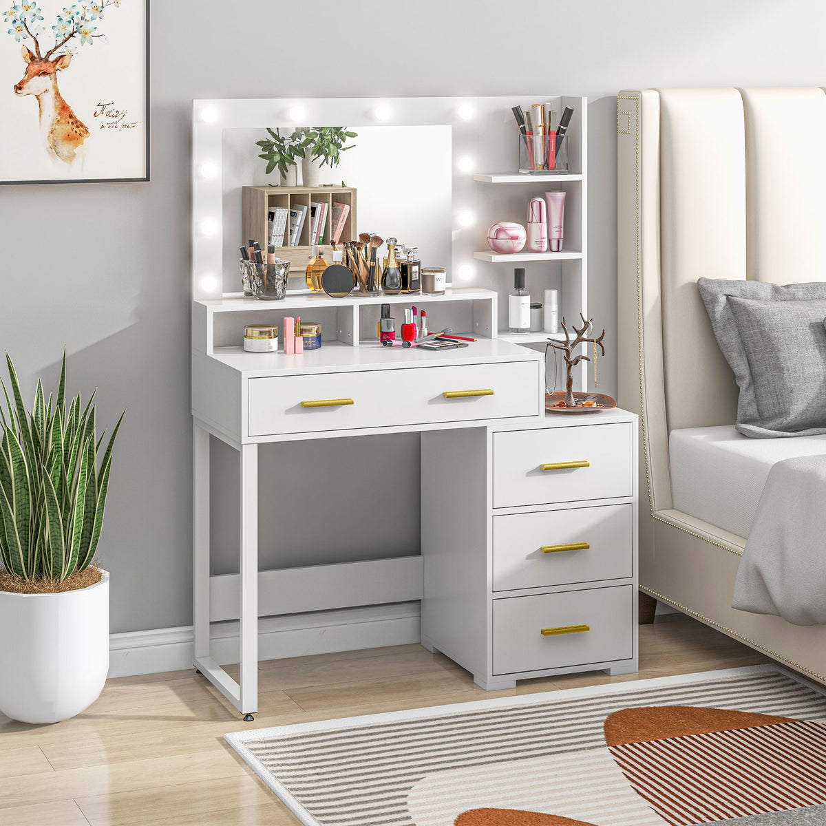 Coiffeuse avec miroir et 9 lumières LED, 4 tiroirs et 6 compartiments ouverts, 100 x 40 x 138 cm, blanc-7