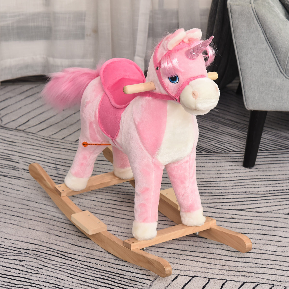 Cheval à Bascule modèle Licorne avec Sons Authentiques Selle Grand Confort Bois de peuplier Rose dim. L74 x l33 x 62H cm-9