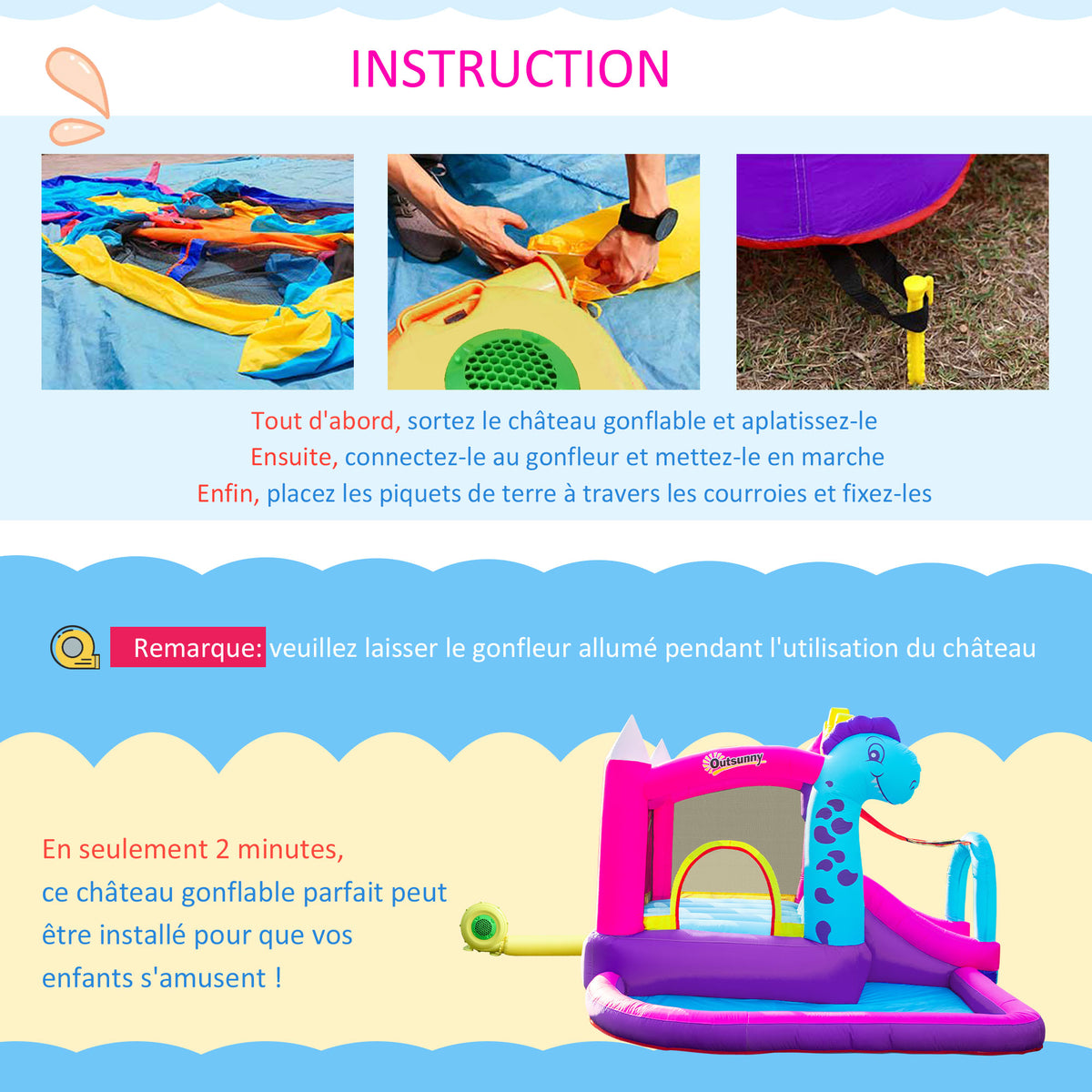 Château Gonflable avec Toboggan, Trampoline, Aire de Jeux Piscine et Panier Jusqu'à 3 Enfants +3 Ans gonfleur et Sac de Transport Souffleur 350W inclus dim. 300L x 270l x 200H cm Multicolore-5