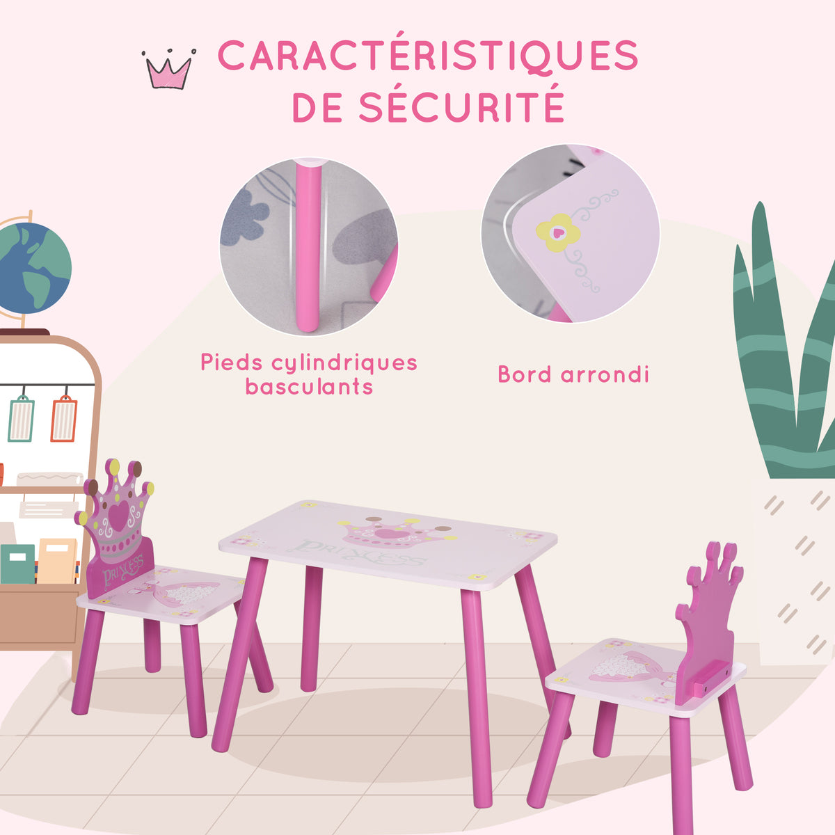 Lit Enfant et Ensemble table et chaises enfant - Design Princesse Motif Couronne - sommier à Lattes Inclus - Rose-6
