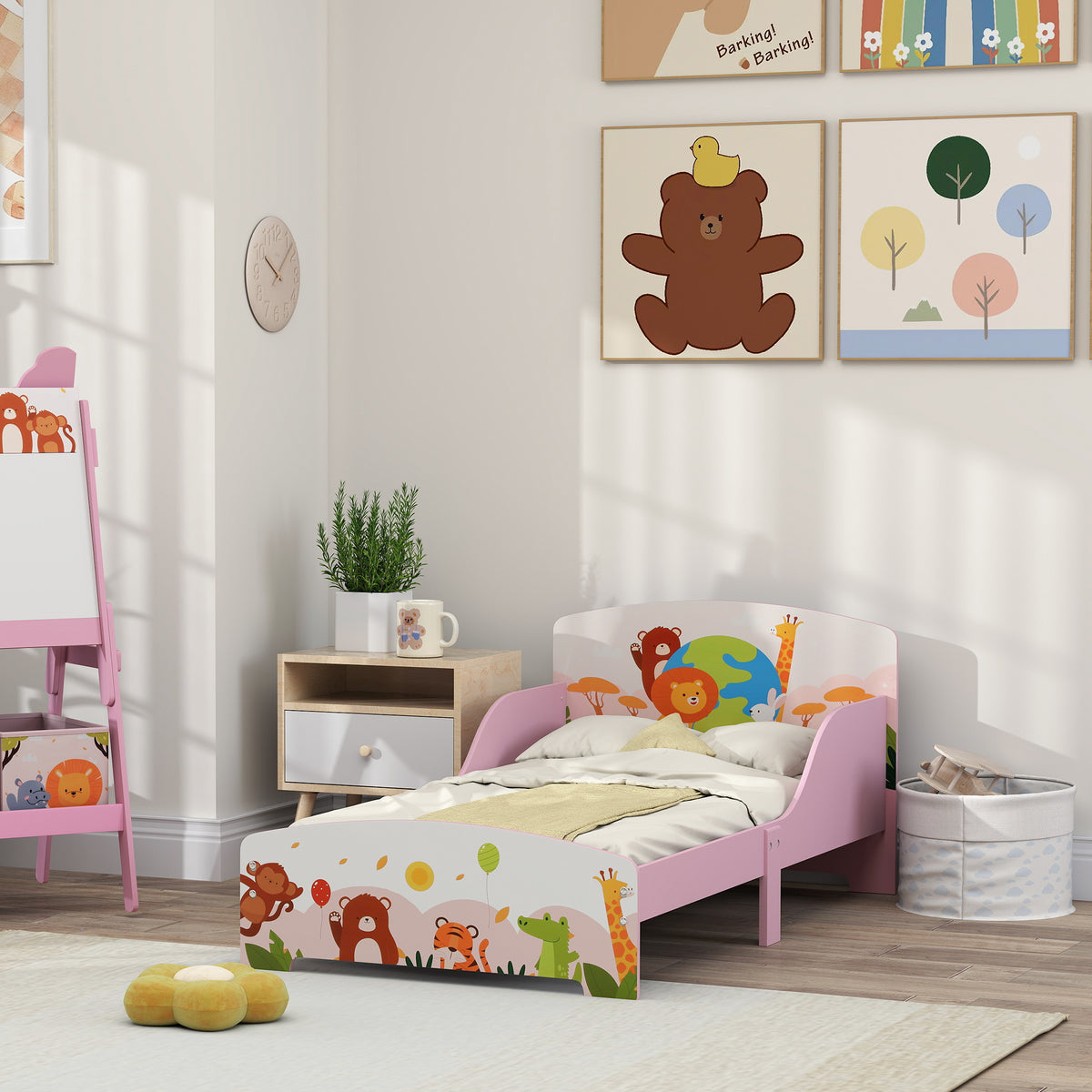 Lit Enfant 70x140 cm motif animal 140 x 70 cm avec sommier à lattes en bois design bas sécurisé rose-7