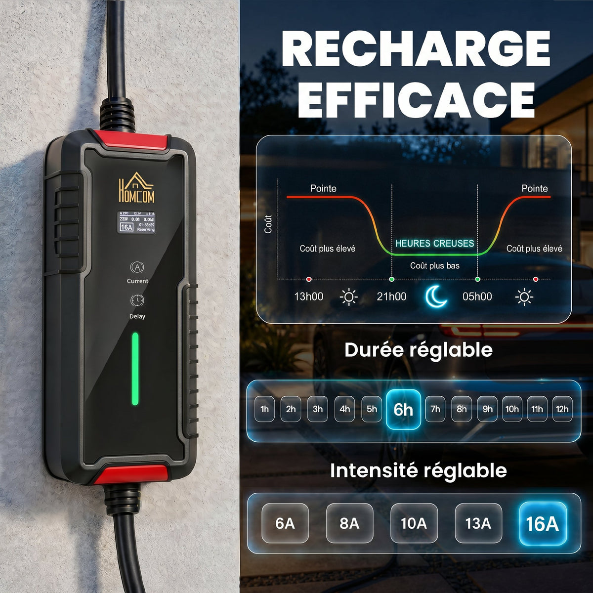Chargeur Voiture Électrique Type 2 3,7kW [5m, 6/8/10/13/16A] Câble de Recharge Portable Écran LCD Retardateur Noir-3