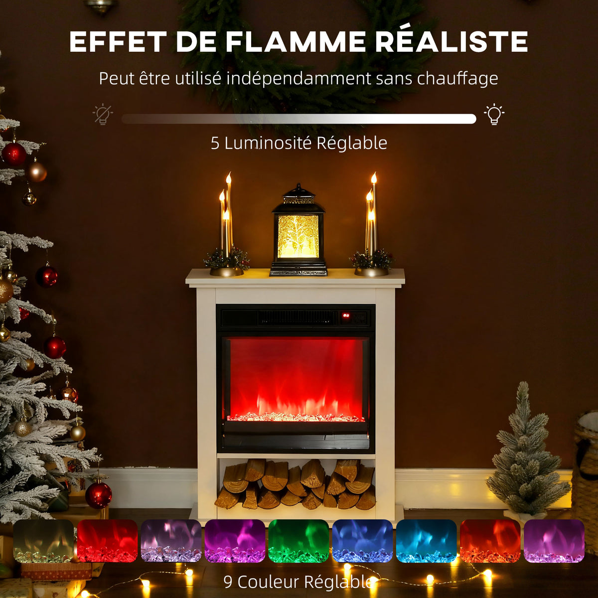 Cheminée électrique 1800W, fausse cheminée décorative, effet flamme à 9 couleurs et 5 luminosité, 62,5x20x72,5cm, blanc-3