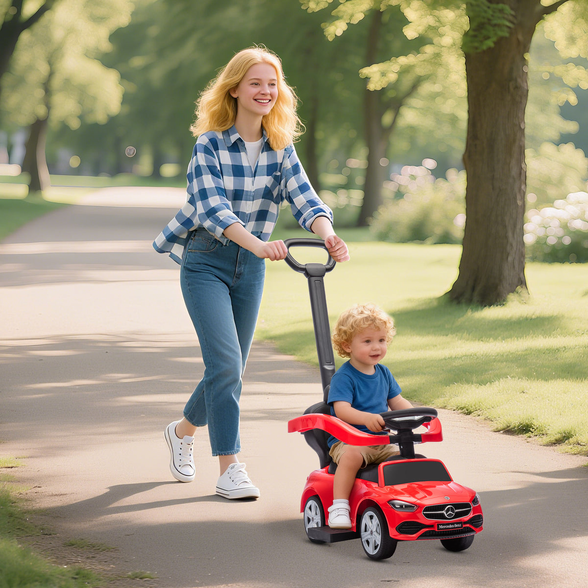 Porteur enfants Mercedes-Benz sous licence, porteur voiture à pousser avec poignée amovible, 91 x 40 x 83 cm, rouge-9