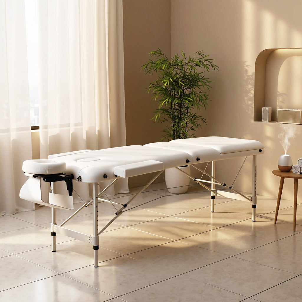 Table de massage 3 zones pliante cosmétique portable charge max. 225 Kg hauteur réglable cadre en alliage blanc-1