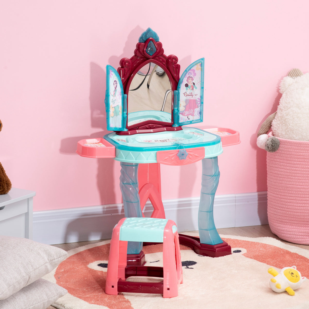 Coiffeuse Enfant Fille avec Miroir Magique, Musique, Plateaux, Tiroir et Accessoires, 3-6 Ans, 57x34x76cm, Multicolore-9