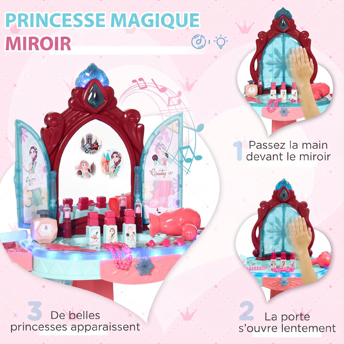 Coiffeuse Enfant Fille avec Miroir Magique, Musique, Plateaux, Tiroir et Accessoires, 3-6 Ans, 57x34x76cm, Multicolore-3