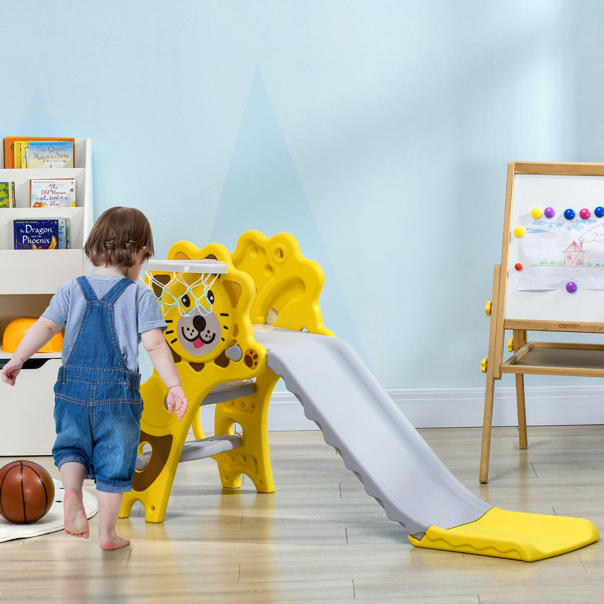 Toboggan pour enfants intérieur extérieur avec panier de basket pour les enfants de 18 à 36 mois, jaune, gris-9