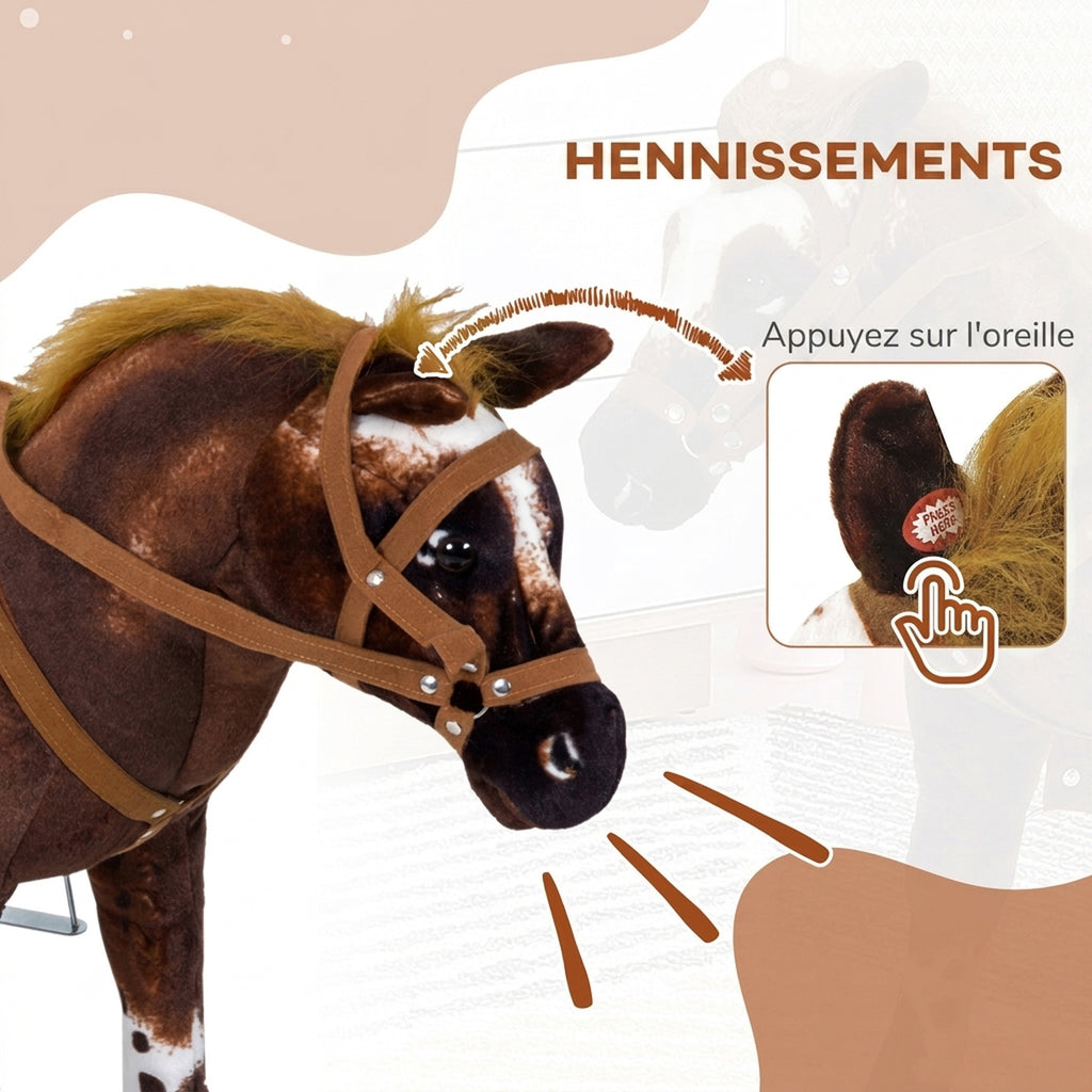 Cheval Debout en Peluche Effets sonores hennissement et Galop Selle étrier rênes 85L x 28l x 60H Marron Blanc-4