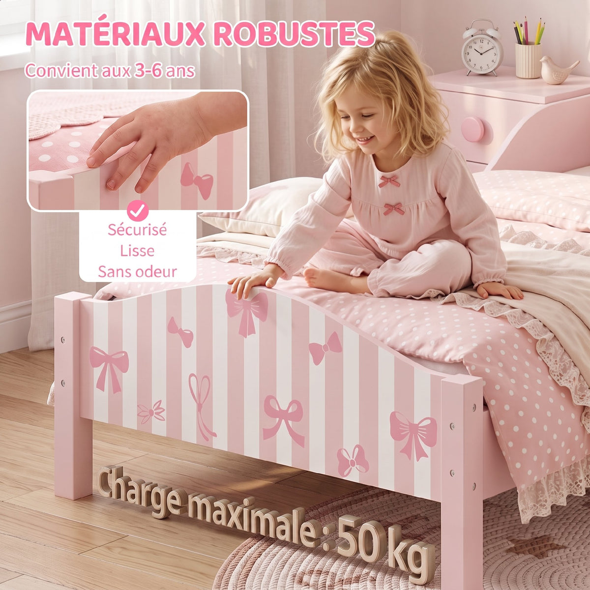 Lit Enfant 70 x 140 cm, Lit pour Enfant avec Barrière de Sécurité et Sommier à Lattes en Bois, Motif Nœud, Rose-6