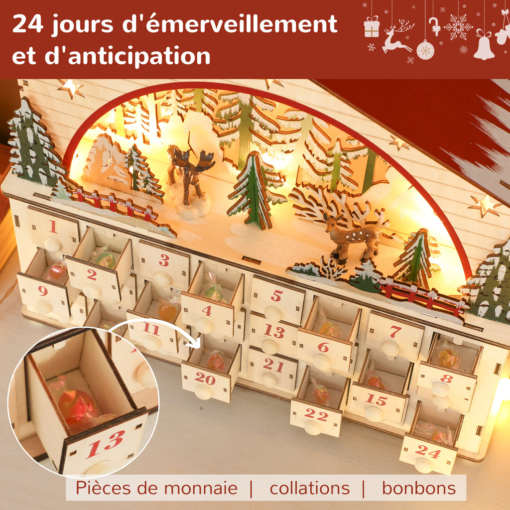 Calendrier de l'Avent lumineux, calendrier de l'Avent à remplir, 24 tiroirs, scène de village, 36x10x34cm, bois naturel-4