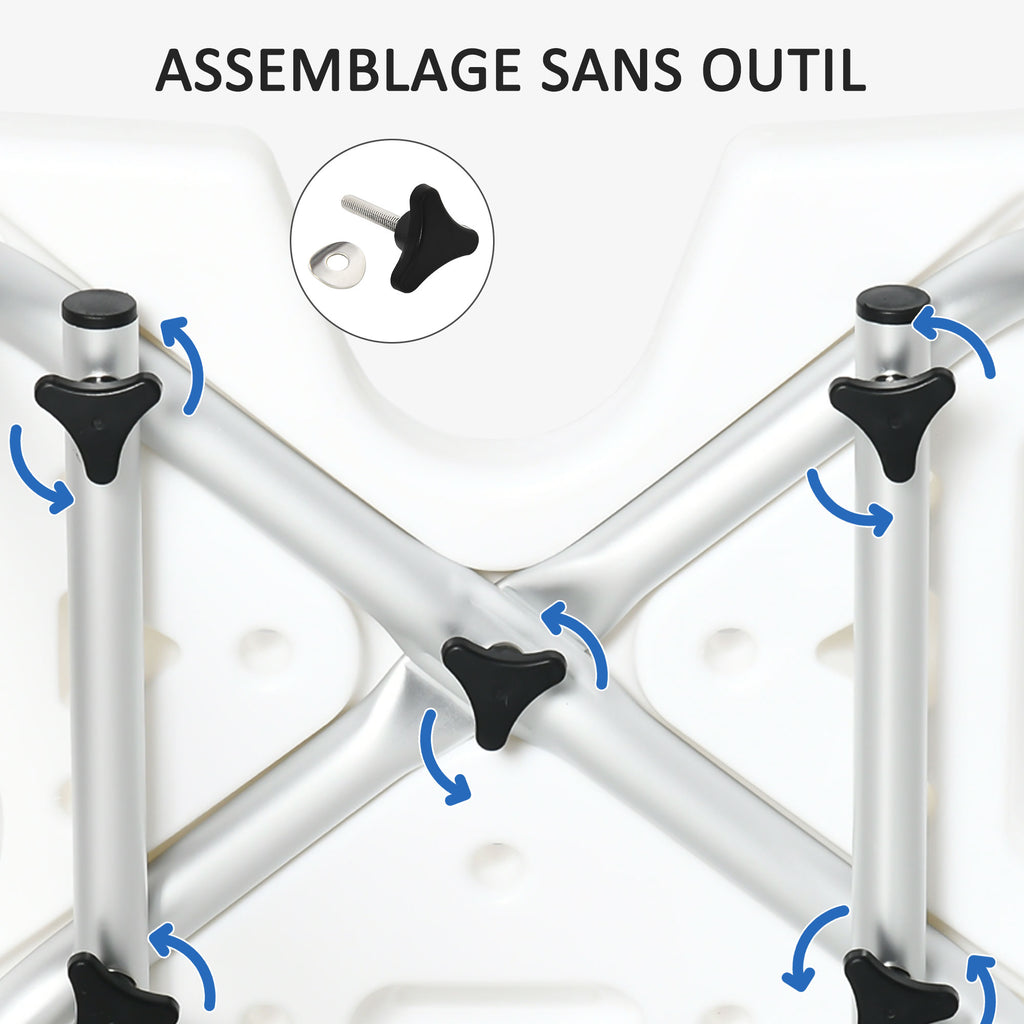 Chaise de douche, tabouret de douche réglable en hauteur avec dossier et accoudoirs rabattables, assise U, pieds antidérapants à ventouses, pour personnes âgées et handicapées, alu HDPE, blanc-5