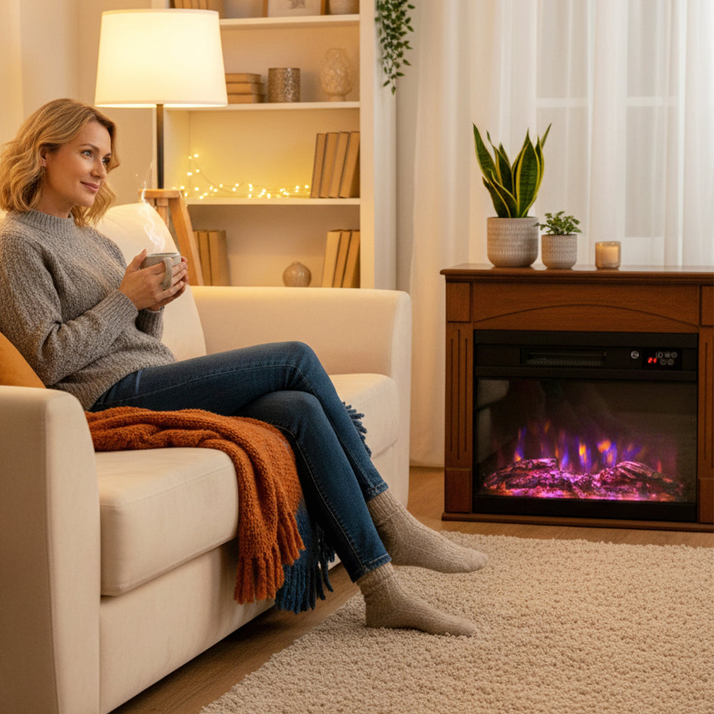 Cheminée électrique 1000W/2000W, fausse cheminée effet flamme 3D à 6 couleurs et 3 luminosités, 68,5x27,5x63cm, marron-8