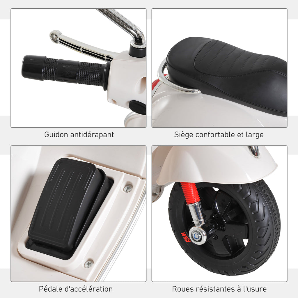 Vespa Scooter Moto électrique Enfants 6 V dim. 102L x 51l x 76H cm Musique MP3 Port USB klaxon Phare feu AR Blanc-6